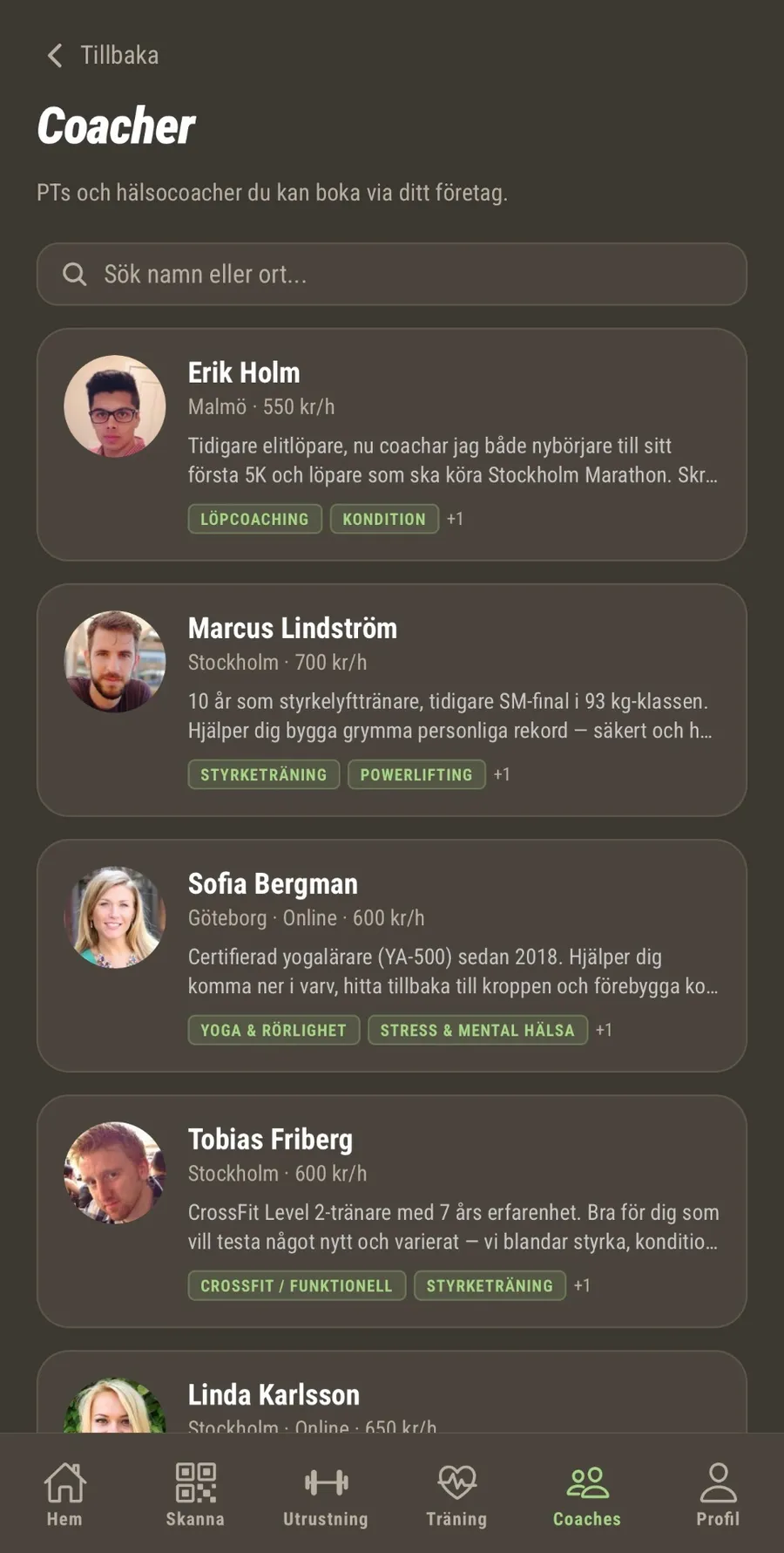 Coach-marknadsplats i GymOS — boka PT direkt i appen