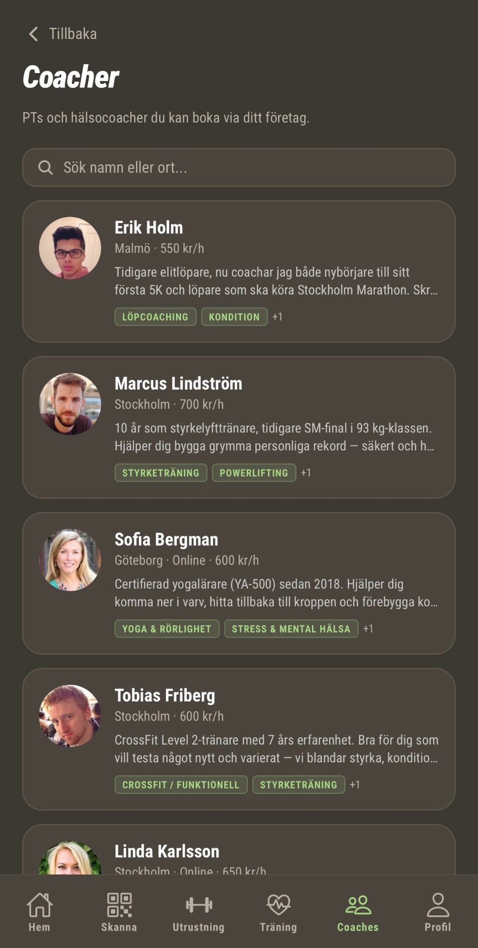 Coach-marknadsplats i GymOS — boka PT direkt i appen