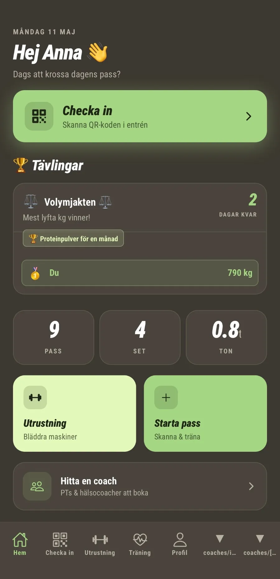 GymOS hemskärm med tävlingar och dagens pass