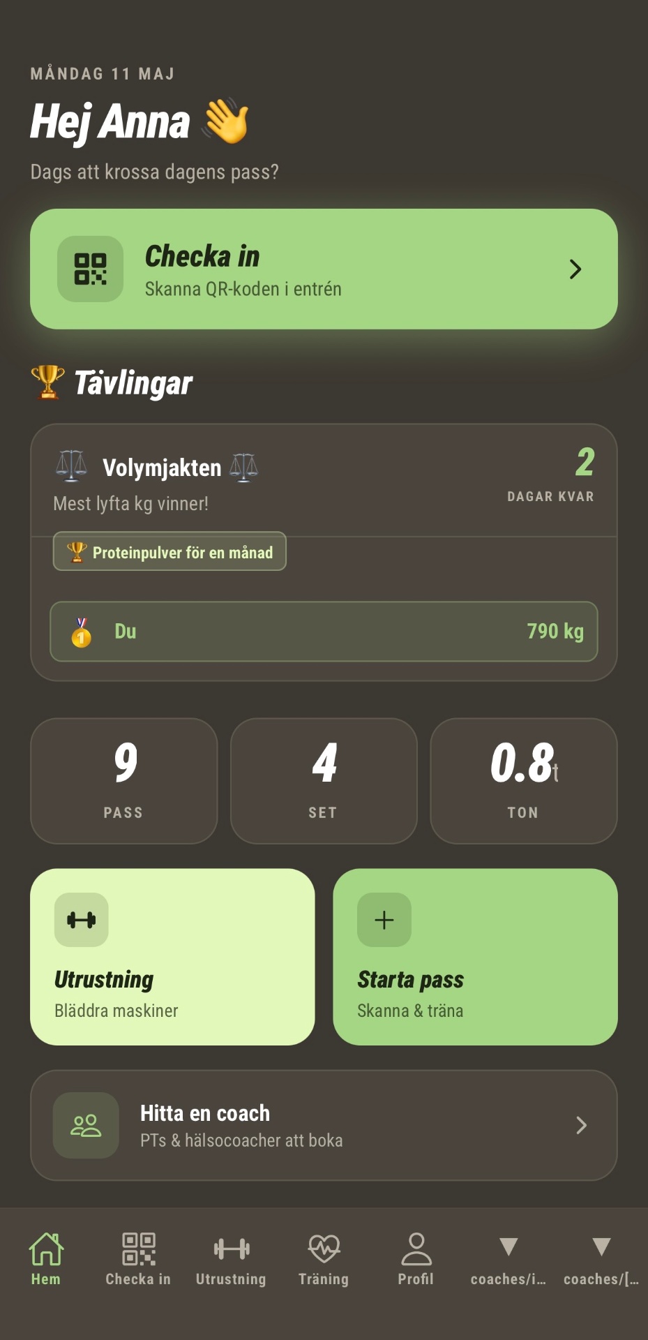 GymOS hemskärm med tävlingar och dagens pass